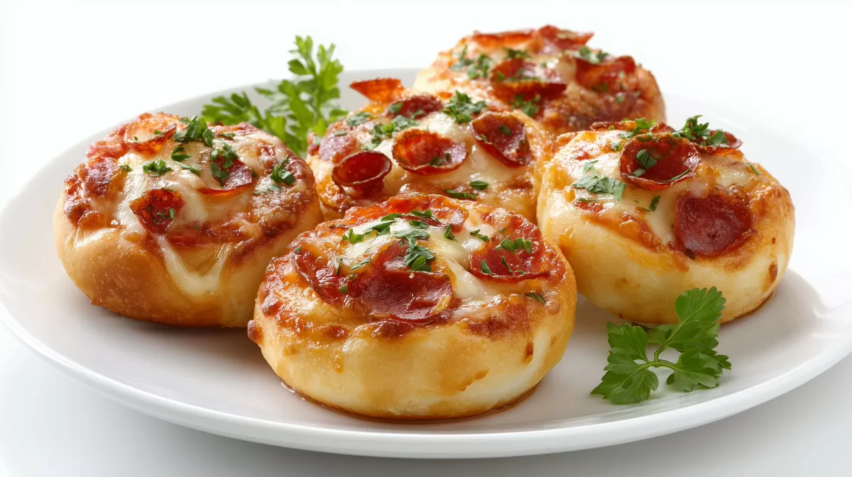 Abendliche Mini Pizza Brötchen mit Pepperoni auf Teller
