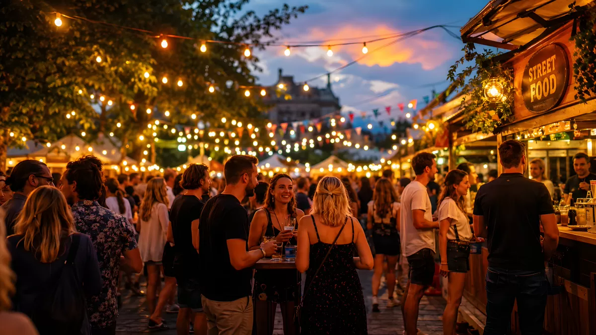 Abendliches Streetfood-Festival mit Lichterketten