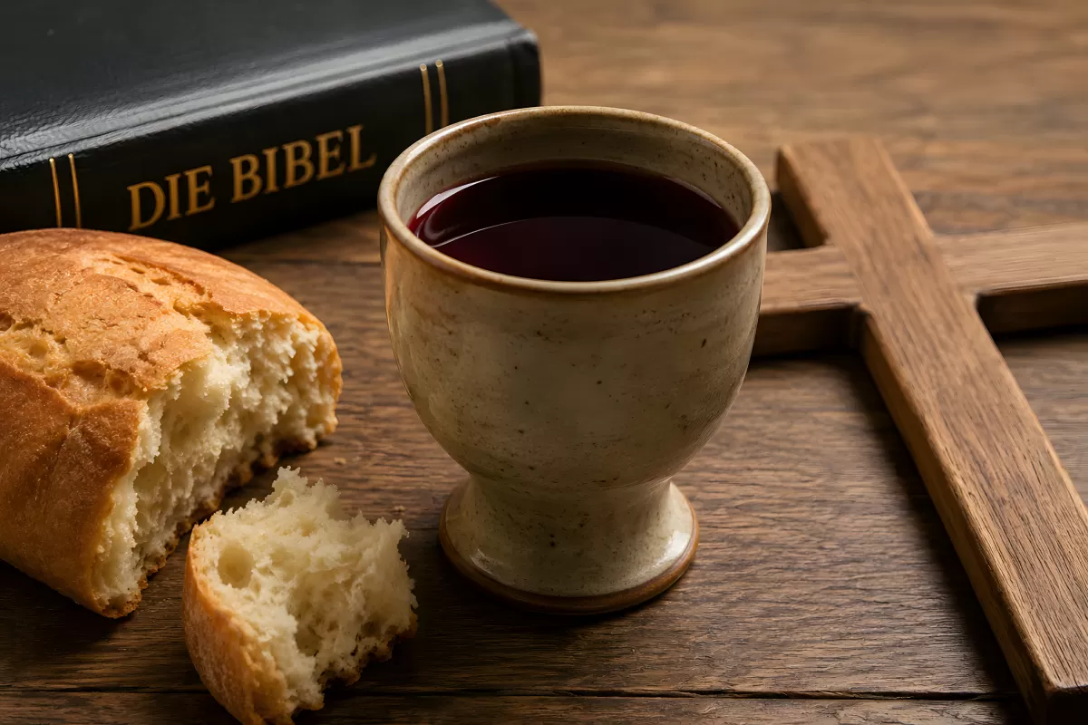 Abendmahl mit Brot, Kelch und Bibel auf Holz