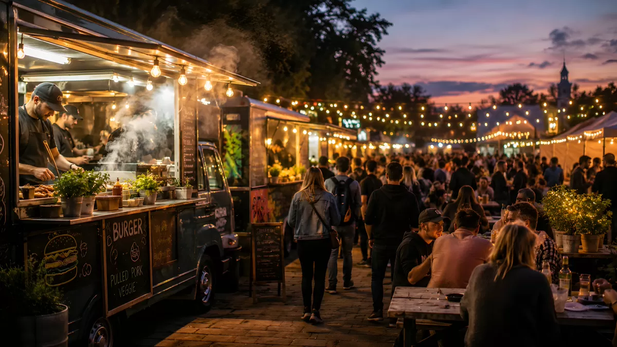 Abendstimmung am Burger-Food-Truck auf Streetfood-Markt