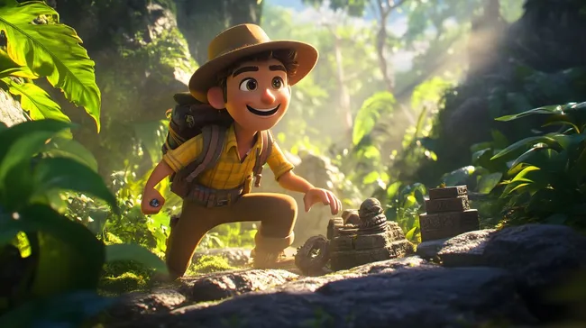 Abenteuerlicher Archäologe erforscht antike Artefakte im tropischen Dschungel