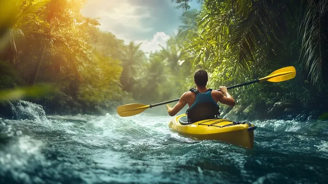 Abenteuerlicher Kajak-Ausflug in tropischer Flusslandschaft
