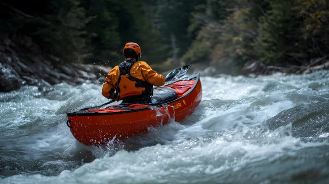 Abenteuerlicher Kajakfahrer in reißendem Wildwasser