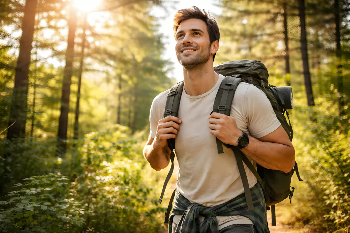 Abenteuerlicher Wanderer im sonnigen Waldlandschaft