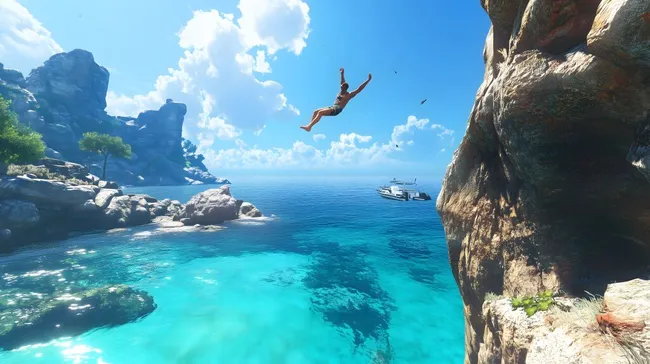 Abenteurer springt von Klippe in türkises Meer