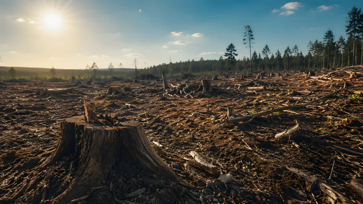 Abgeholzte Waldfläche mit Baumstümpfen im Sonnenlicht