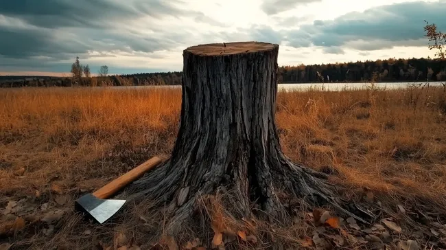 Abgeholzter Baumstumpf in herbstlicher Landschaft