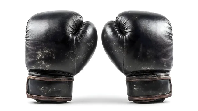 Abgenutzte schwarze Boxhandschuhe vor weißem Hintergrund