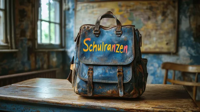 Abgenutzter Schulranzen auf rustikalem Holztisch