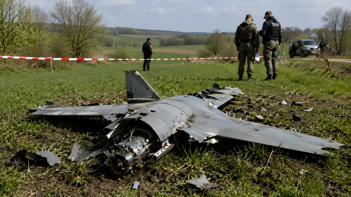 Abgestürztes Fluggerät auf einem Feld mit Ermittlern