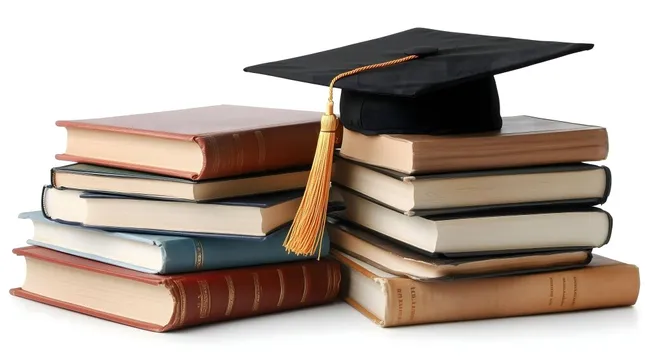 Abschlussfeier: Absolventenhut auf Bücherstapel