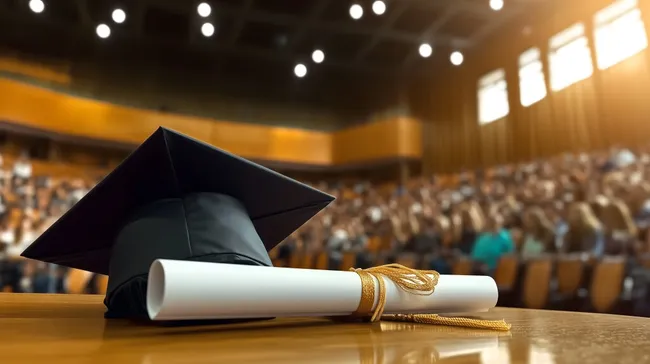 Abschlussfeier mit Diplom und Doktorhut auf Universitätspodium