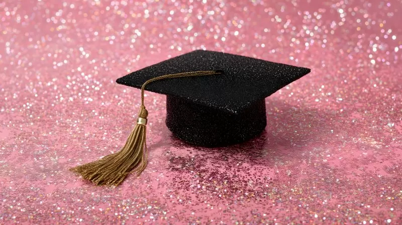 Abschlusskappe mit goldener Quaste auf glitzerndem Hintergrund