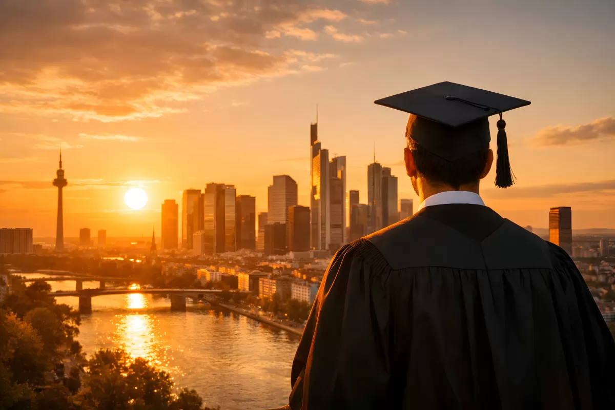 Absolvent betrachtet Skyline bei Sonnenuntergang