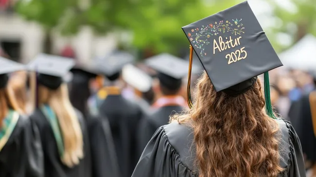 Absolventenhut mit Abiturabschluss 2025 in grüner Umgebung
