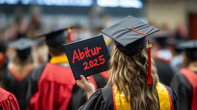 Absolventin bei Abschlussfeier mit Barett und Abschlussschild