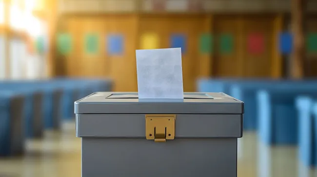 Abstimmungsurne mit Wahlzettel in Klassenzimmer