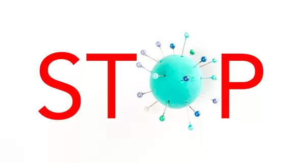 Abstract virus model of the coronavirus covid-19 and the inscription stop