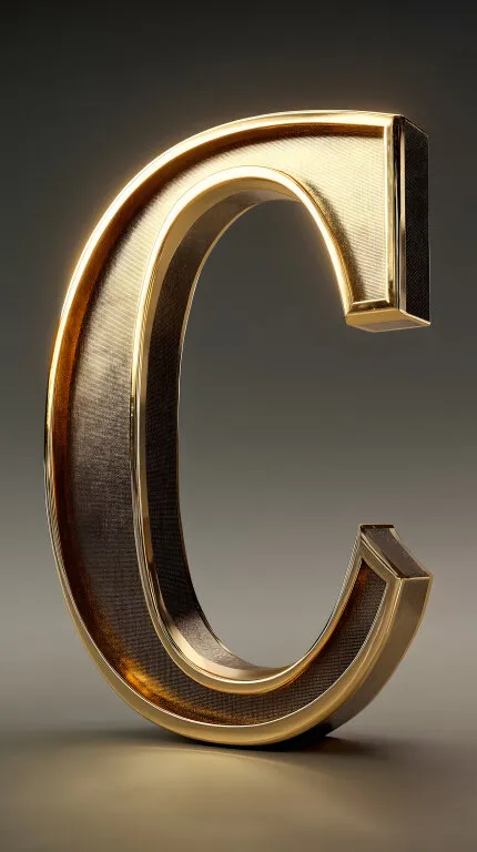 Abstrakte 3D-Skulptur eines goldfarbenen Buchstabens C