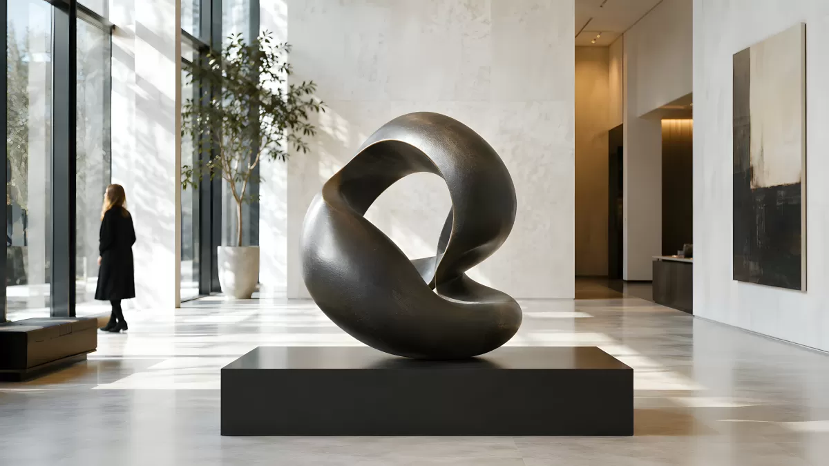 Abstrakte Bronzeskulptur in modernem Museumsfoyer