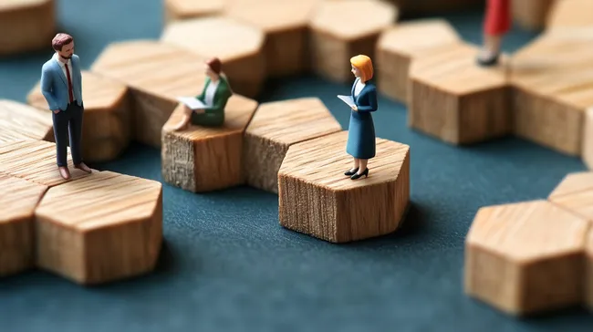 Abstrakte Darstellung von Geschäftshierarchie auf Holzplattformen