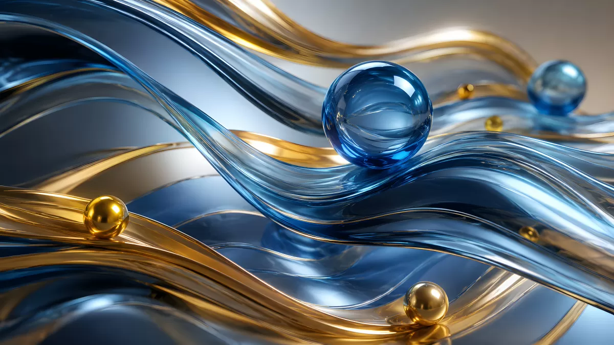 Abstrakte Glaswellen in Blau und Gold mit Kugeln