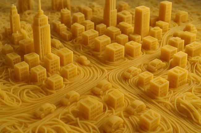 Abstrakte Großstadt aus Nudelgebäck mit Hochhäusern