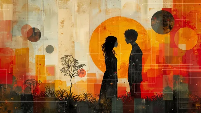 Abstrakte Liebesszene in warmen Farbtönen