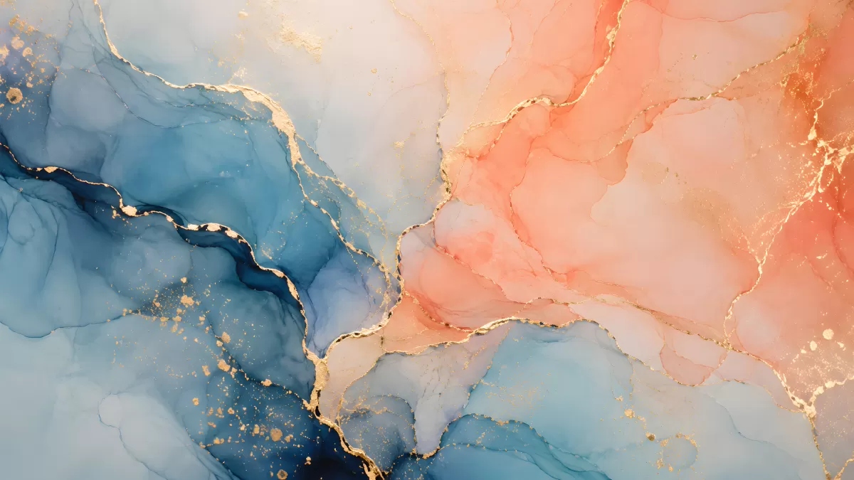 Abstrakte Marmorkunst in Blau und Rosa mit Goldakzenten