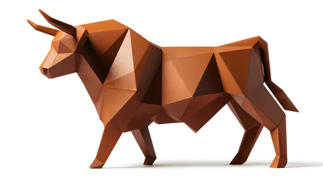 Abstrakte Stier-Skulptur in orangenem Holz