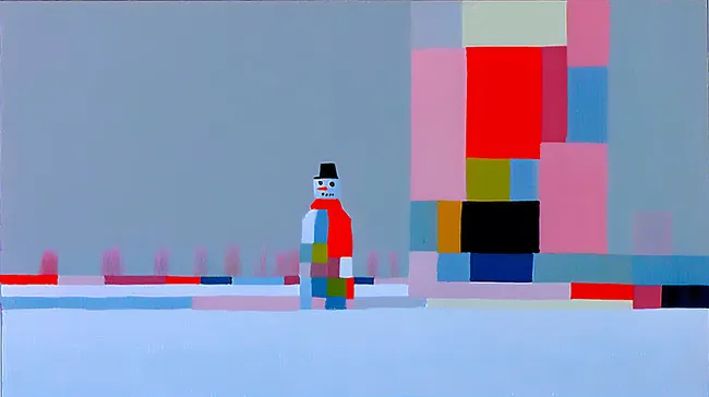 Abstrakte Winterlandschaft mit verspieltem Schneemann
