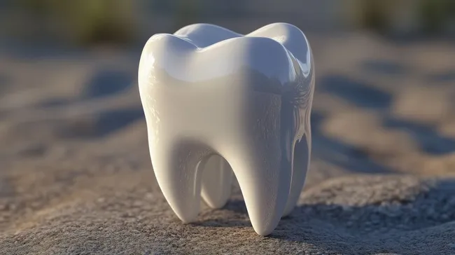 Abstrakter 3D-Zahn auf sandigem Hintergrund