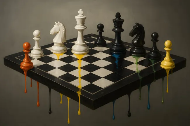 Abstraktes Schachbrett mit farbigen Schachfiguren und Farbverläufen