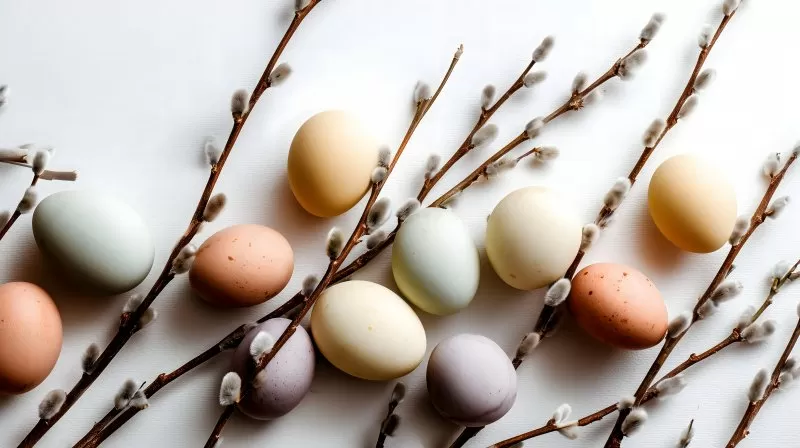 aBunte Ostereier mit Weidenzweigen auf weißem Hintergrund