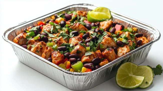 Abwechslungsreicher Chicken-Burrito-Bowl in Aluschale