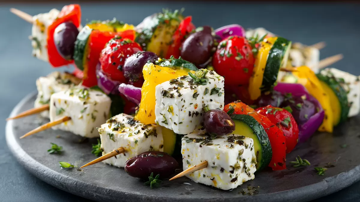 Abwechslungsreicher Gemüsespieß mit Feta
