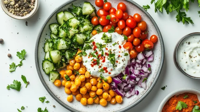 Abwechslungsreicher Salatteller mit Gemüse und Joghurt-Dressing