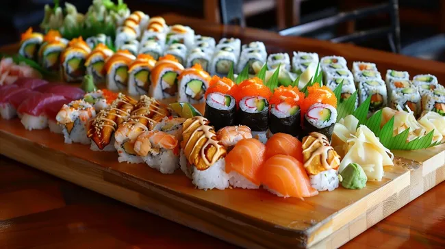 Abwechslungsreiches Sushi-Sortiment auf Holzbrett