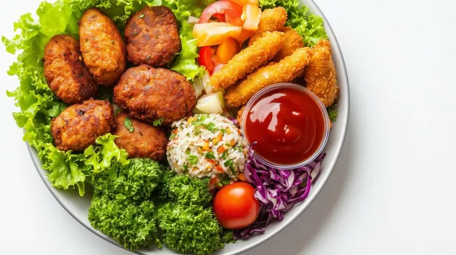 Abwechslungsreiches vegetarisches Gericht mit Nuggets und Salat