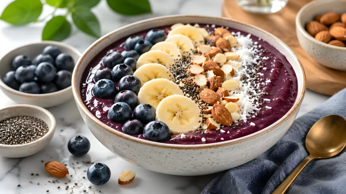 Acai Bowl mit Banane, Blaubeeren und Mandeln