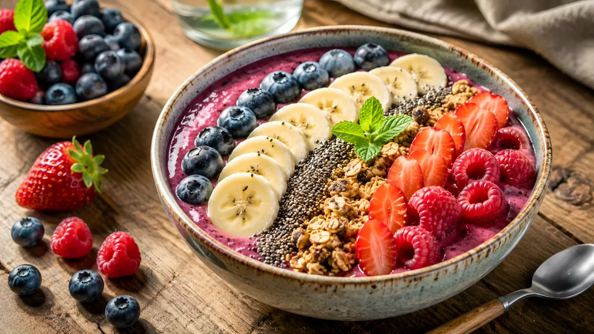 Acai-Bowl mit Beeren, Banane und Granola