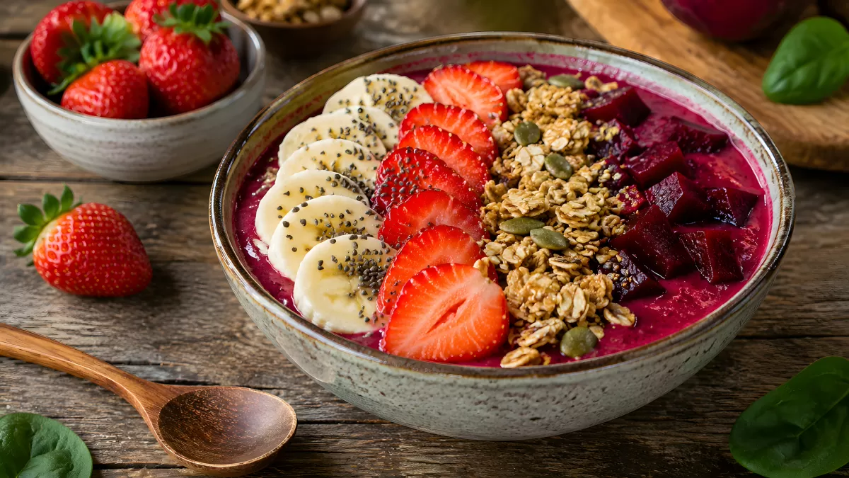 Acai-Bowl mit Erdbeeren, Banane und Granola