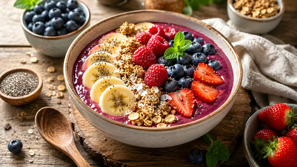 Acai-Bowl mit frischen Beeren und Granola