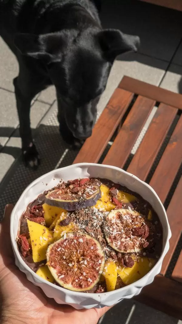 Acai Bowl mit Mango, Feige, Rosinen, Goji Beeren und Kokosraspeln