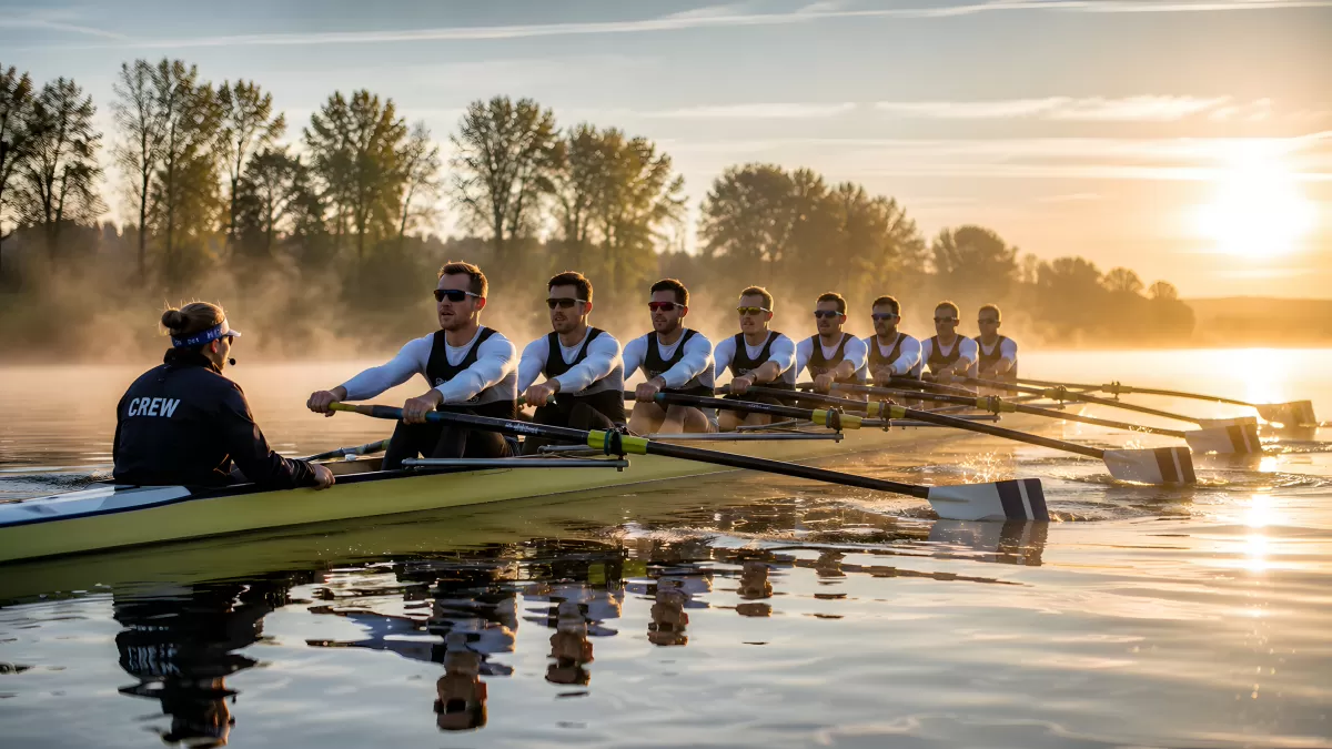Achter-Ruderboot bei Sonnenaufgang im Morgennebel