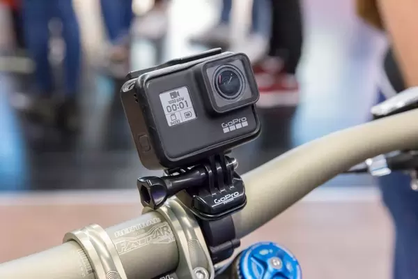 Action camera GoPro Hero 7 black fixed on a bike handlebar
