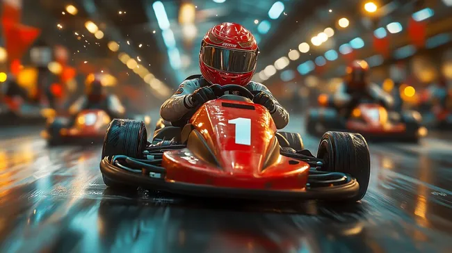 Actiongeladene Kartszene mit Fahrer in roter Ausrüstung