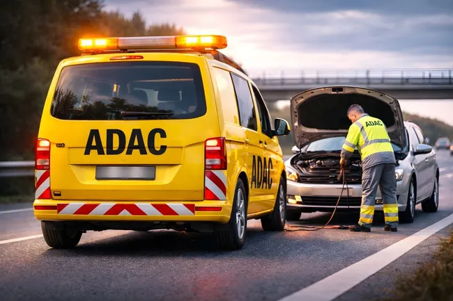 ADAC-Pannenhilfe auf Autobahn bei Sonnenuntergang