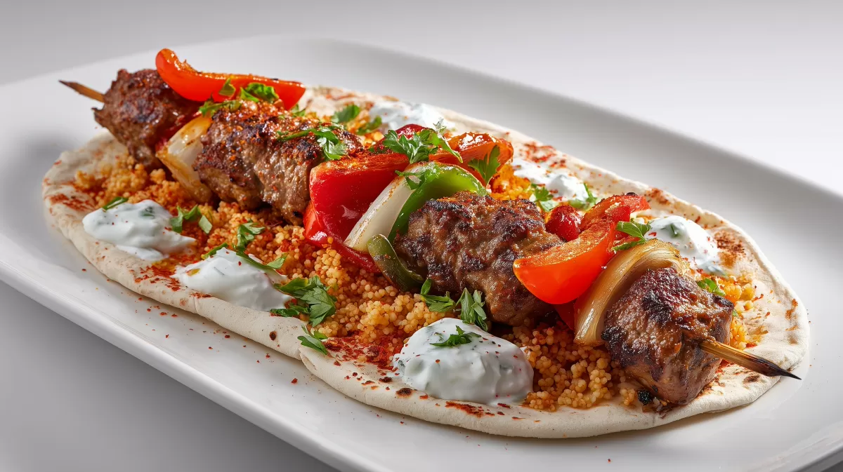 Adana Kebab auf Fladenbrot mit Couscous und Joghurt