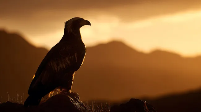 Adler-Silhouette vor Berglandschaft bei Sonnenuntergang